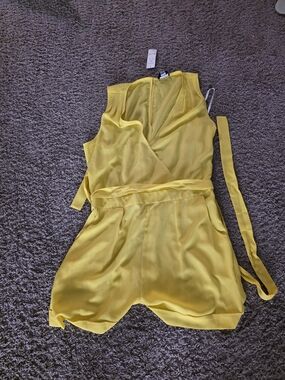 bebe Yellow Wrap Romper with Self-Tie Waist